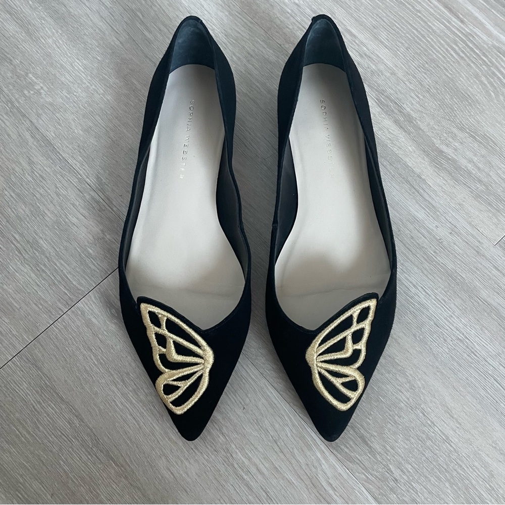 Sophia Webster Bibi Butterfly 🦋Embroidered Black Suede Flat size size 36.5 US 6